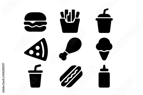 Vector illustration of fast food items including burger, fries, pizza, and ice cream in a playful layout
