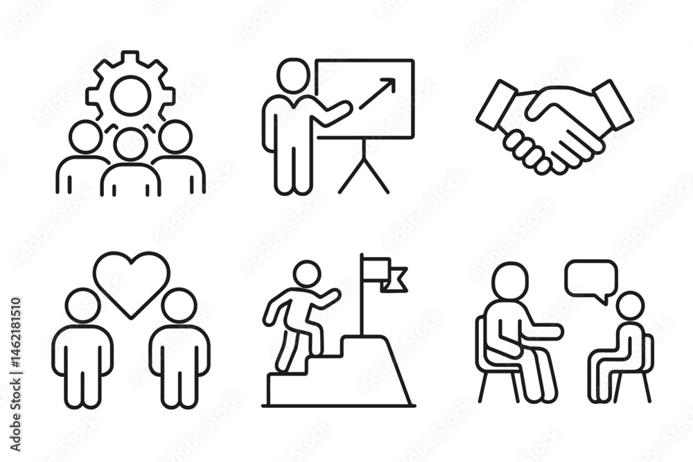 Vector illustration icons depicting business training, teamwork, and coaching scenarios Vector illustration icons depicting business training, teamwork, and coaching scenarios
