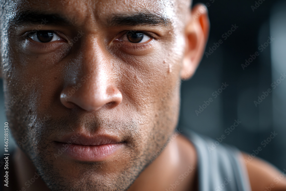 Close-up of a focused, sweaty man after intense physical activity, showing determination and strength. Close-up of a focused, sweaty man after intense physical activity, showing determination and strength.