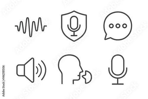 Vector illustration featuring audio icons representing sound waves, microphones, and speech bubbles for communication and broadcasting