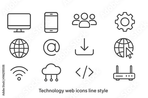 Vector illustration of technology web icons including computer, smartphone, and cloud symbols in simple line style