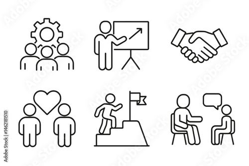 Vector illustration icons depicting business training, teamwork, and coaching scenarios