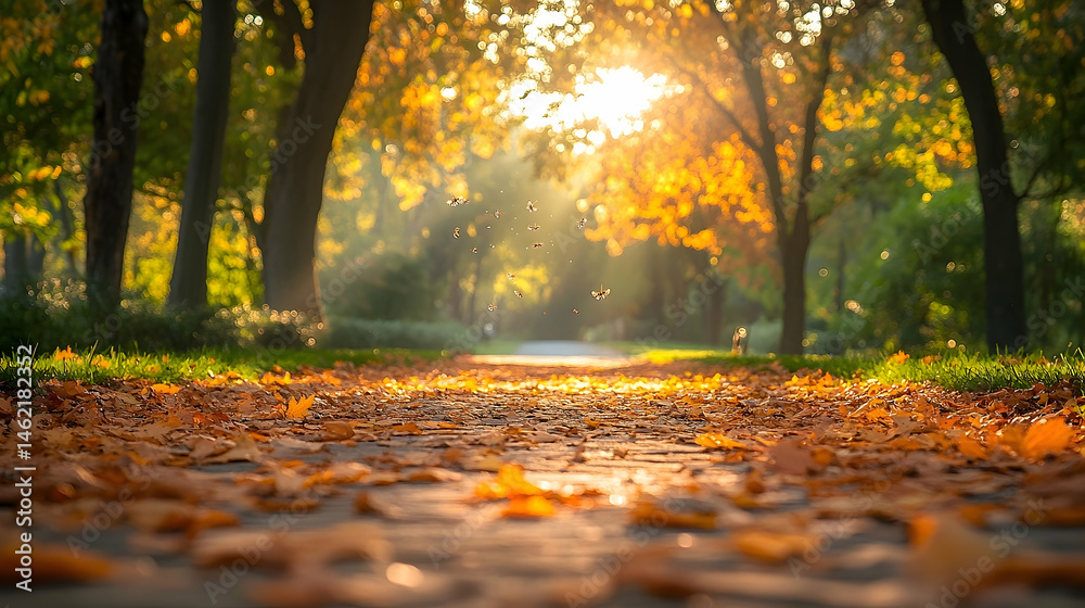 Obraz premium Autumnal pathway lined with fallen leaves bathed in sunlight.