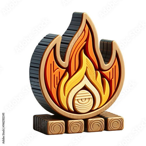3D colorful fire icon with wooden texture isolated on white background