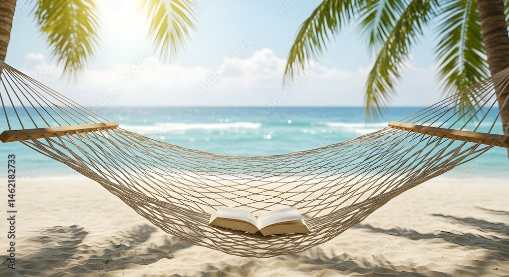 Peaceful beach hammock scene. Relaxing summer vibes.