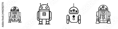 Vector illustration of four distinct robot characters showcasing various designs and features in a minimalist style