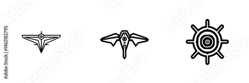Vector illustration of three distinct icons representing navigation elements and aircraft designs