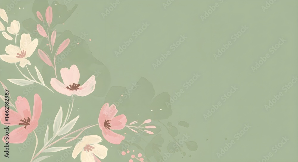 Soft pastel flowers on a sage green background. Perfect for springtime or wedding designs.