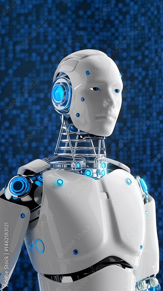 Fototapeta premium 3D humanoid AI robot metaverse cyberspace digital world background, revolution of AI artificial intelligence automated digital technology industry 4.0, artificial intelligence, 3D Humanoid art