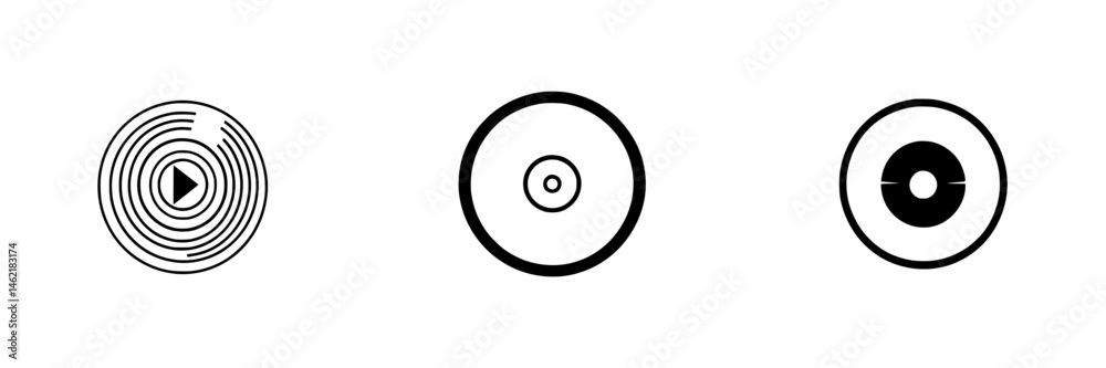 Vector illustration of three distinct circular designs representing sound waves, circles, and play buttons for graphic design applications Vector illustration of three distinct circular designs representing sound waves, circles, and play buttons for graphic design applications