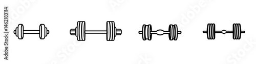 Vector illustration of various types of weightlifting dumbbells designed for fitness training and strength exercises