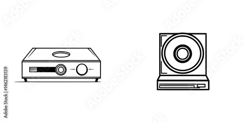Vector illustration icons of vintage projector and reel-to-reel tape recorder showcasing classic audio-visual equipment design