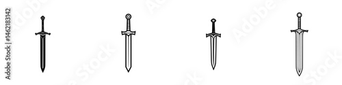 Collection of vector illustration icons depicting various sword designs in a minimalist style