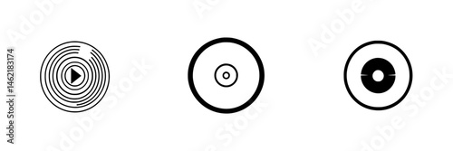 Vector illustration of three distinct circular designs representing sound waves, circles, and play buttons for graphic design applications