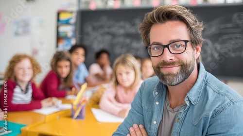 Portrait of smiling teacher in a class at elementary school looking at camera with learning students, with copy space