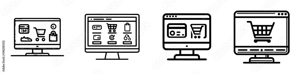 Vector illustration of online shopping screens showcasing various shopping carts and icons for e-commerce activity Vector illustration of online shopping screens showcasing various shopping carts and icons for e-commerce activity