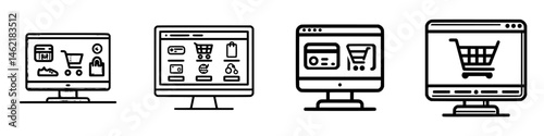 Vector illustration of online shopping screens showcasing various shopping carts and icons for e-commerce activity