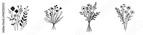 Vector illustration of four different flower bouquet designs showcasing varying floral arrangements and styles