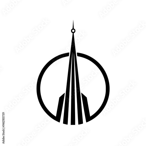 Vector illustration of a tall spire emblem enclosed in a circular frame, symbolizing architectural innovation and modern design