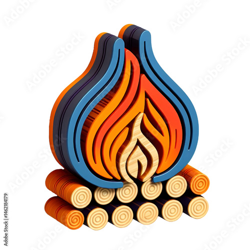 3D colorful fire icon with wooden texture isolated on white background