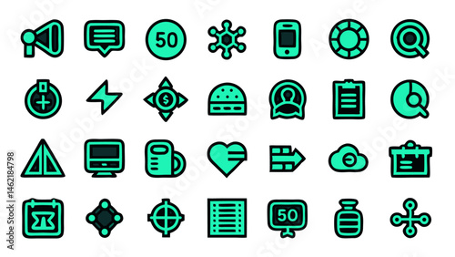 High quality conceptual icon collection with flat linear aesthetics created to enhance digital experiences through simple clean and visually appealing graphics