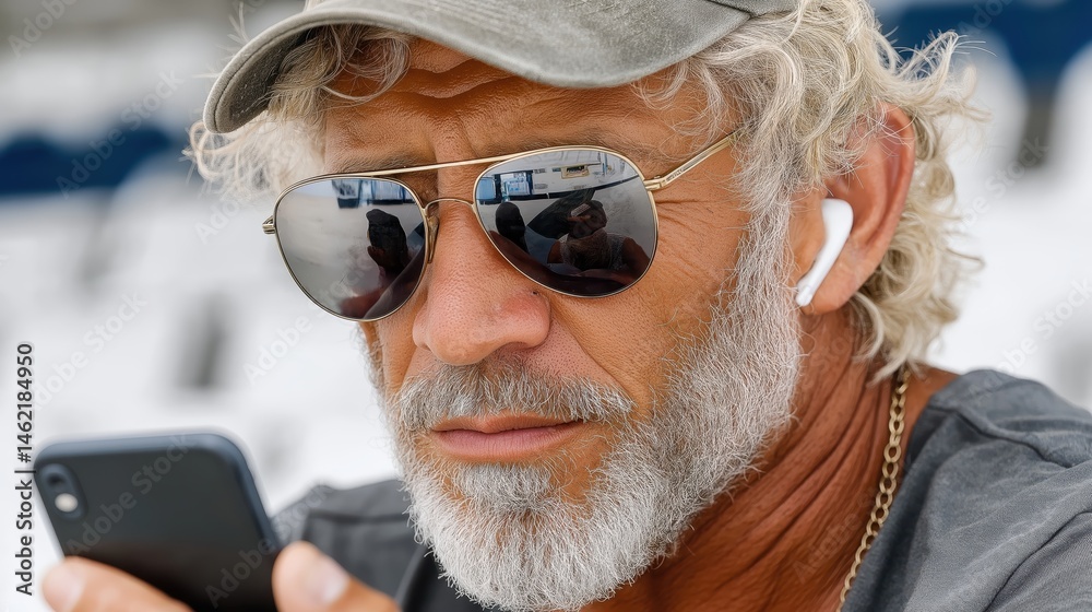 Senior sportsman takes a break to text on the phone while enjoying a calm moment in an outdoor sports setting