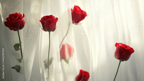 red roses against white curtain