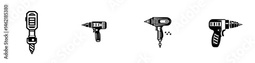 Vector illustration set of various drill and screwdriver tools designed for construction and renovation projects