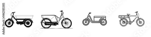 Variety of vector illustrations featuring different designs of electric cargo bikes and scooters for urban transport solutions