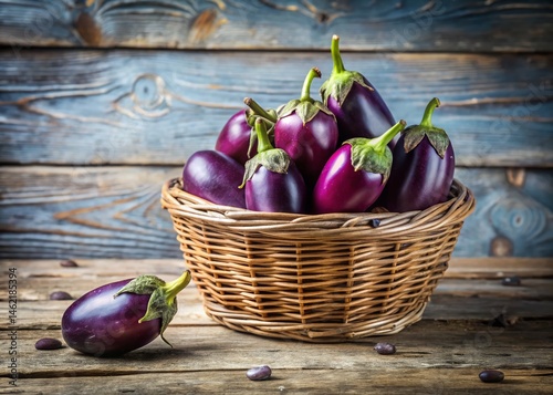 Fresh Eggplants in Rustic Basket - Harvest Vegetables, Farm Produce, Healthy Food