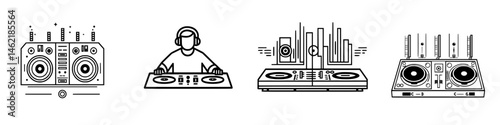 Vector illustration icons of DJ equipment and sound systems highlighting music performance essentials in a modern digital style