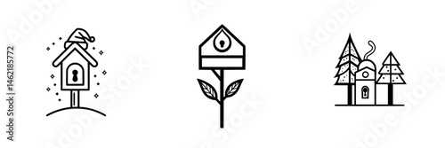 Charming vector illustration icons of birdhouses with a festive twist and nature elements featuring locks and greenery