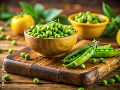 Fresh Green Pea Pods on Rustic Wooden Cutting Board - Close-Up Stock Photo