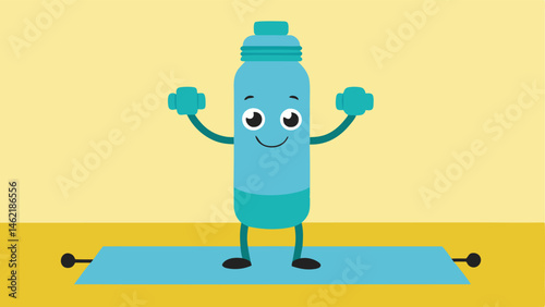 Fitness Enthusiast A cheerful water bottle colored in bright teal sports strong cartoonish arms lifting tiny black dumbbells. It has raised eyebrows and a broad smile as if