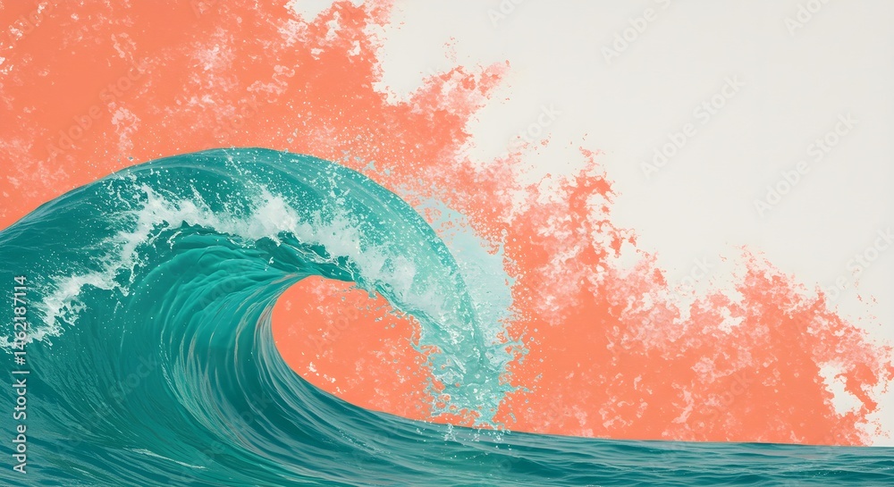 Teal wave crashes against a coral backdrop. Ocean energy meets artistic expression.