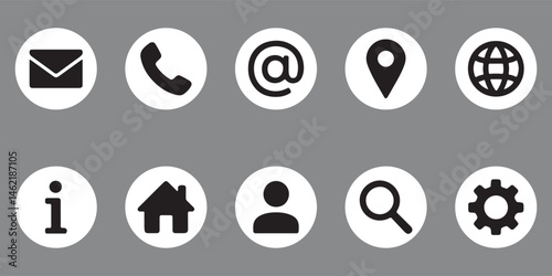 vector icons collection with envelope, phone, location, email, and more