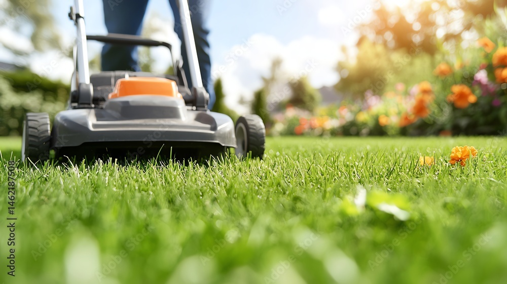A close-up view of a person mowing a lush green lawn with a modern lawnmower, surrounded by vibrant flowers in a sunny garden, highlighting outdoor leisure and maintenance activiti