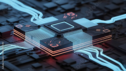 Futuristic computer chip design with glowing blue and orange circuitry and integrated processing power