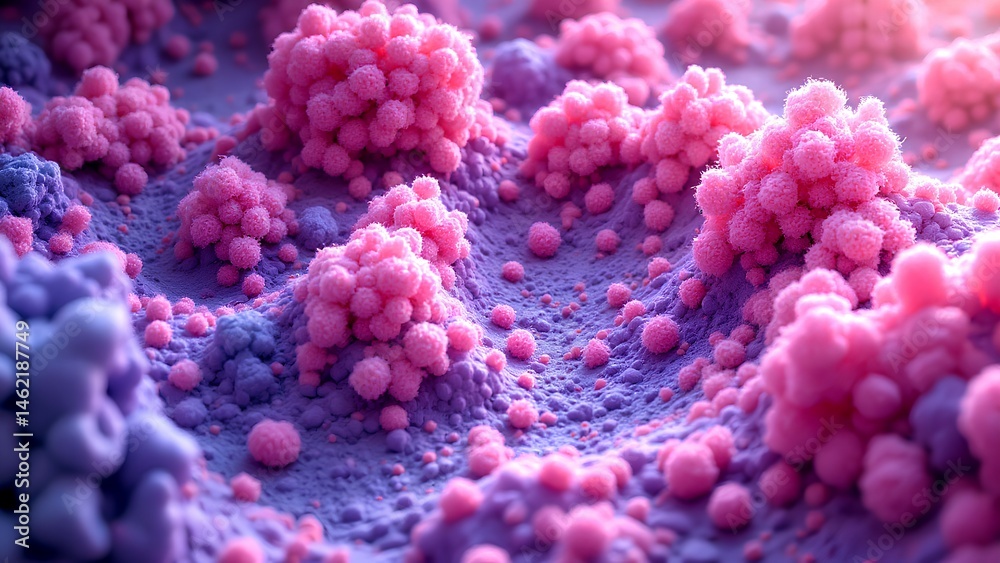 Naklejka premium Microscopic view of clustered pink and purple cells, resembling a biological or scientific environment.