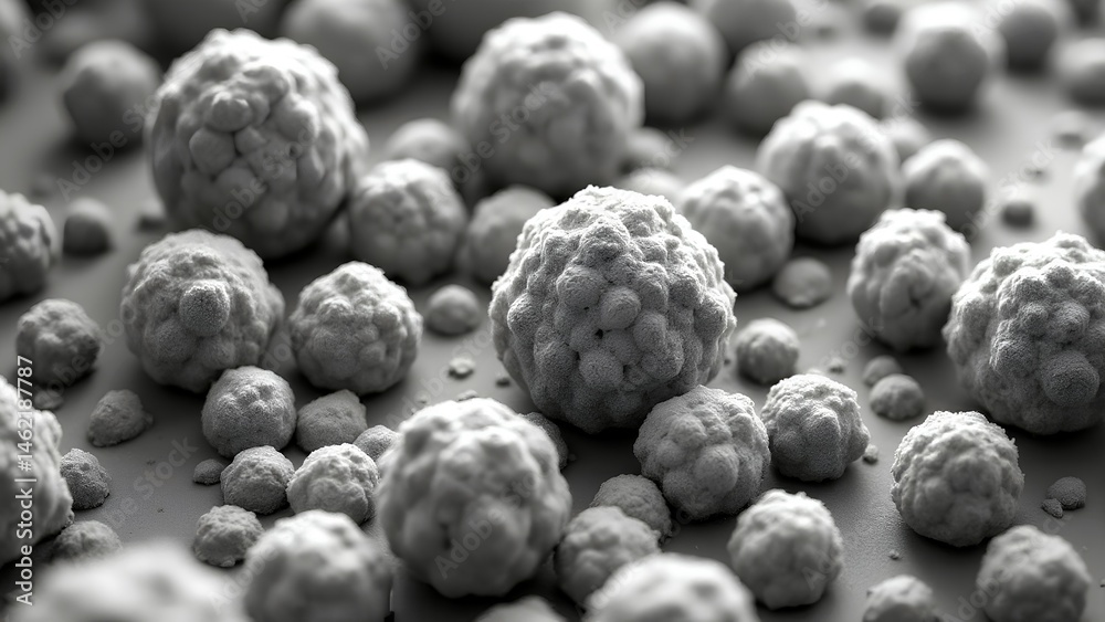 Obraz premium Gray spherical clusters resembling microscopic cells or particles, displayed in a close-up, high-detail view.