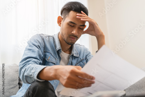 Household financial economic concept, Stressed Young Asian adults are looking at credit card bills issued documents, and apartment loan mortgages and worrying about having no money to pay.