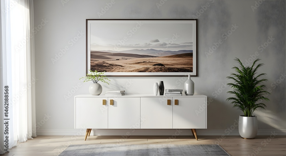 Modern living room with white cabinet and landscape artwork, creating a serene atmosphere.