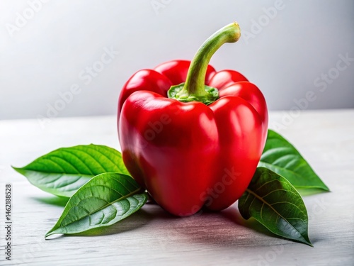 Fresh Red Paprika with Green Leaves Isolated on White Background - Vibrant Vegetable Stock Photo