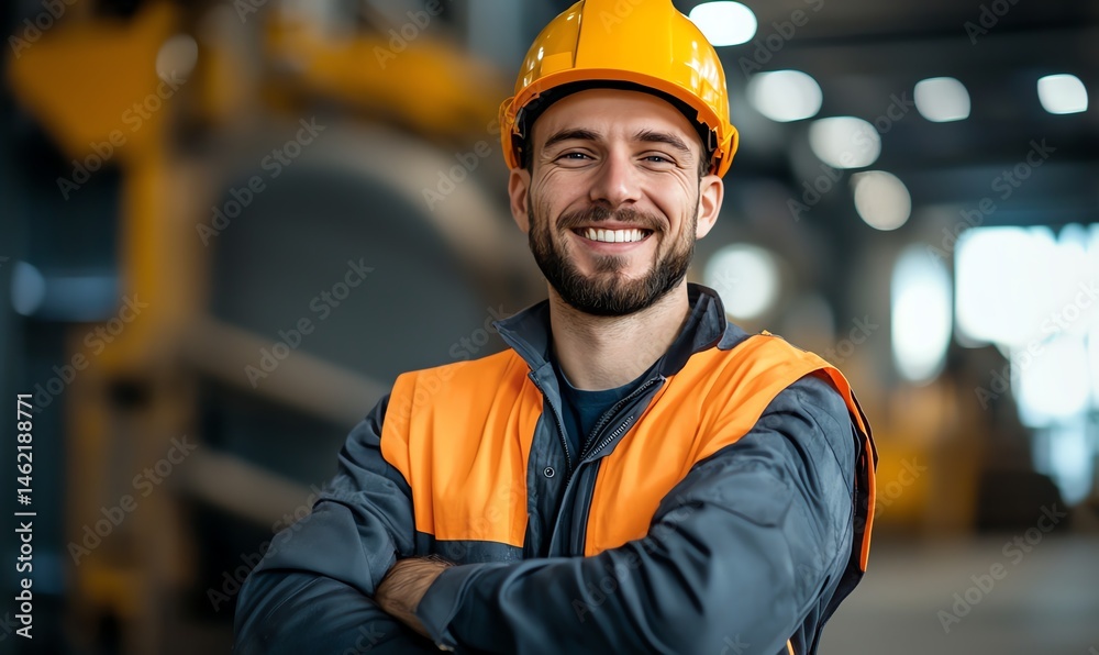 A confident worker in safety gear smiles proudly in a modern industrial environment. His bright yellow helmet and reflective vest indicate a focus on safety and teamwork.