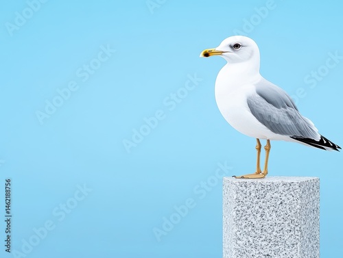 Seagull on a pedestal, bright blue backdrop