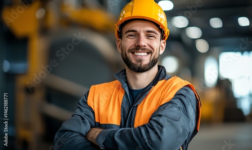 A confident worker in safety gear smiles proudly in a modern industrial environment. His bright yellow helmet and reflective vest indicate a focus on safety and teamwork.