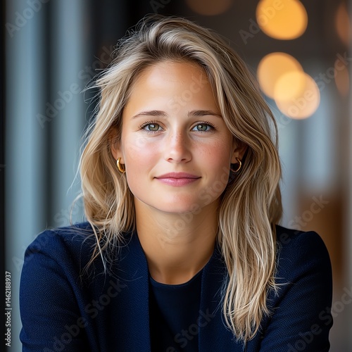 A confident young woman with blonde hair smiles warmly in a well-lit modern office environment, exuding professionalism and approachability.