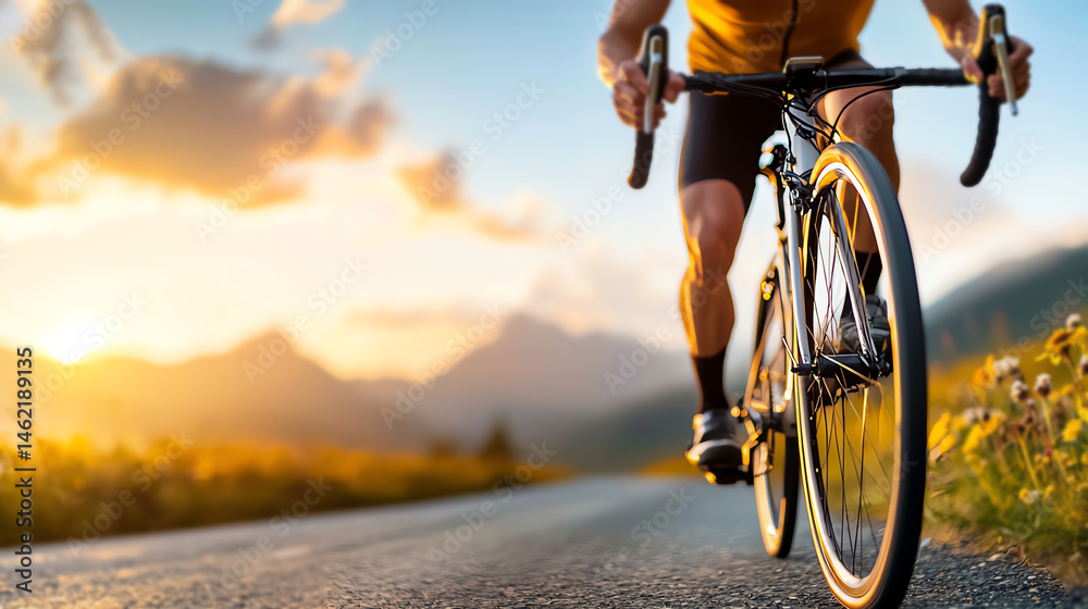 A cyclist races down a scenic road, capturing the thrill of cycling against a backdrop of mountains and a vibrant sunset. The image embodies motion, freedom, and athleticism.