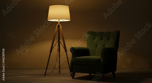 Obraz na płótnie Warm light illuminates a cozy armchair in a dimly lit room. A tripod floor lamp casts a soft glow. w salonie