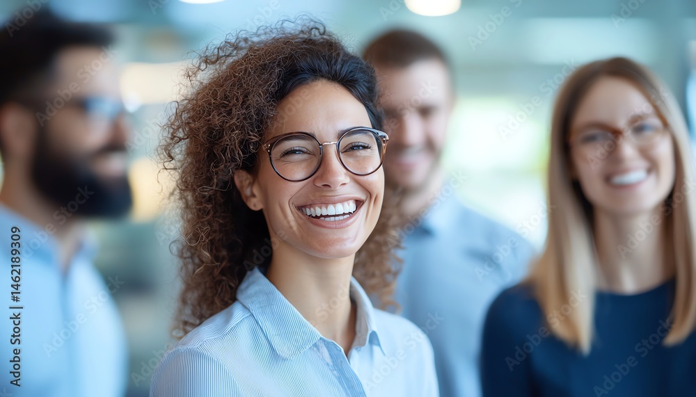 A diverse group of smiling professionals in a modern office setting, showcasing teamwork and positivity